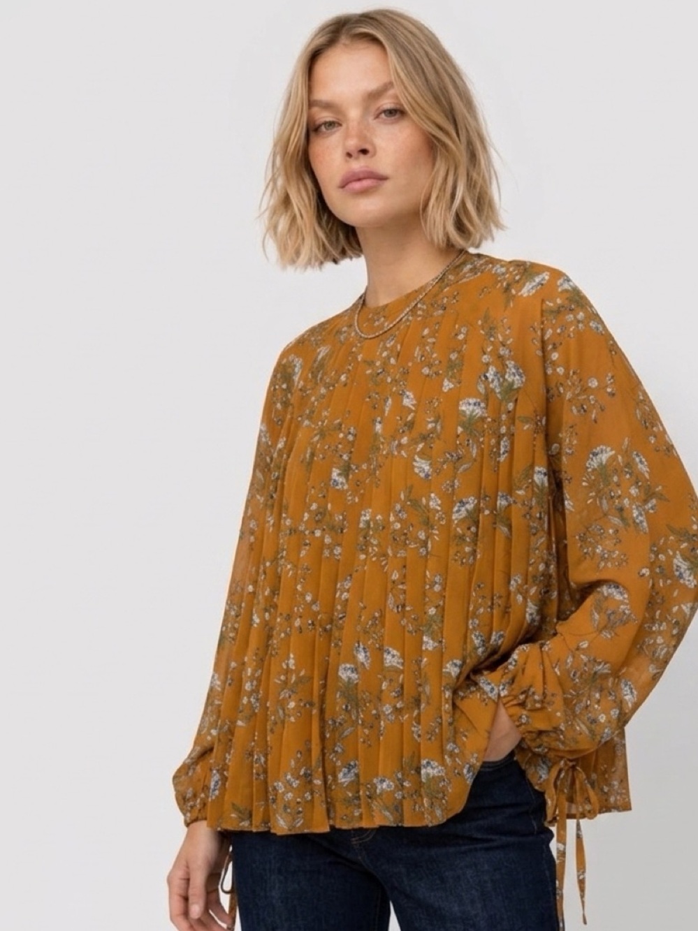 kenzie Mustard Floral Pleated Tie-Sleeve Blouse